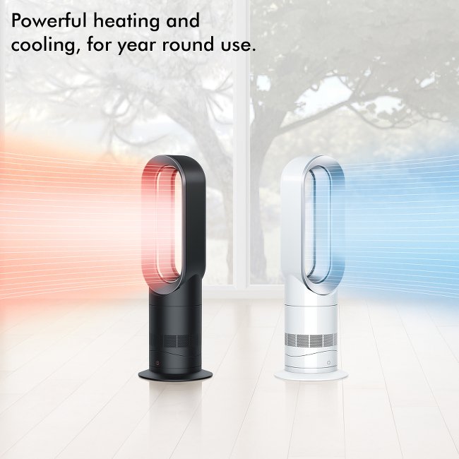 Dyson AM09 Hot and Cool Fan Heater in White and Nickel - Use all year round