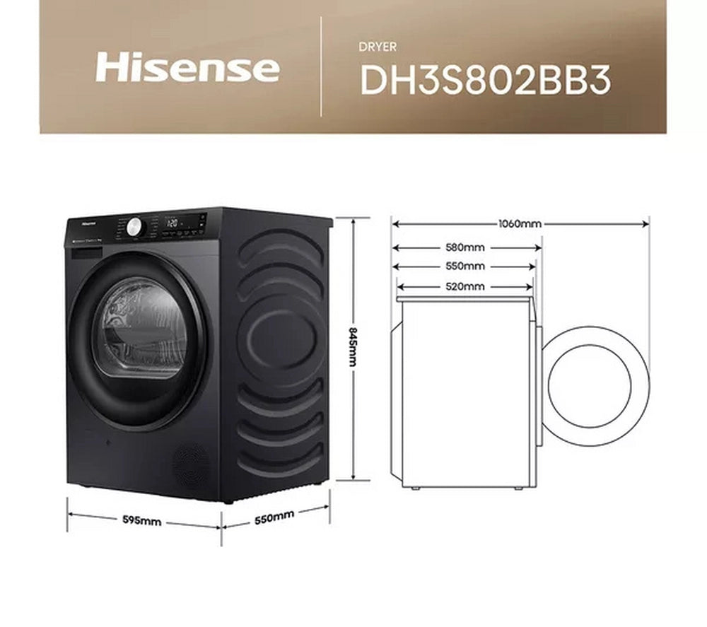 Hisense 3S Series DH3S802BB3 WiFi-enabled 8kg Heat Pump Tumble Dryer Black -  A+++ Rated