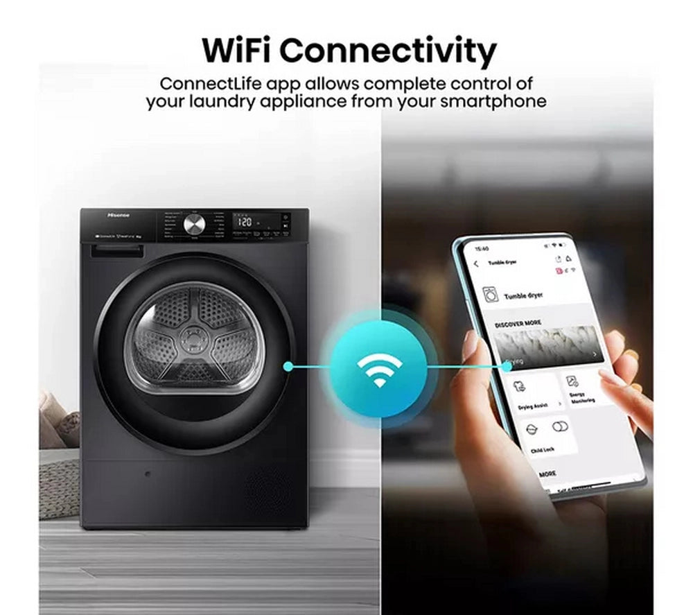 Hisense 3S Series DH3S802BB3 WiFi-enabled 8kg Heat Pump Tumble Dryer Black -  A+++ Rated