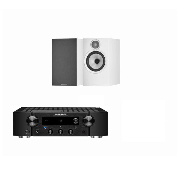Marantz PM7000N Amplifier Black with Bowers & Wilkins 606 S3 Standmount Speakers White