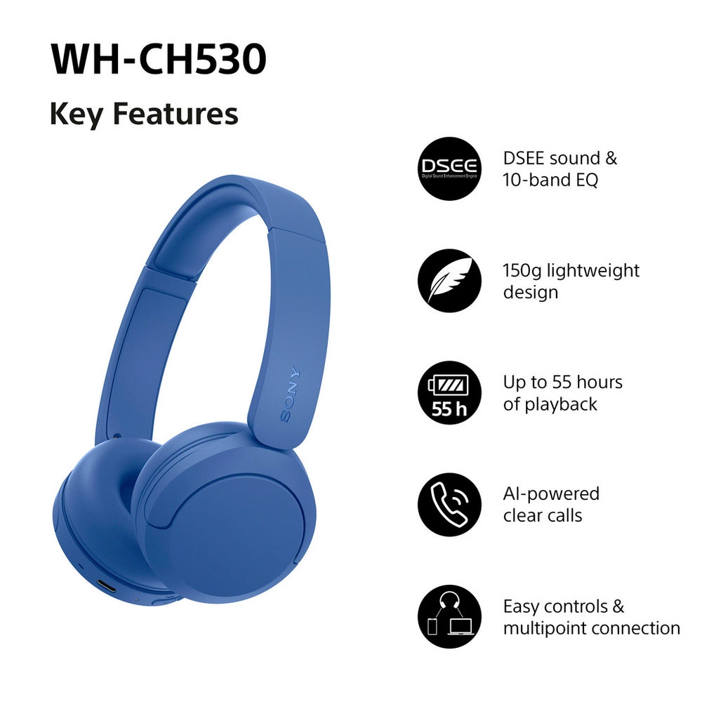 Sony WH-CH530 Wireless On-Ear Bluetooth Headphones Blue