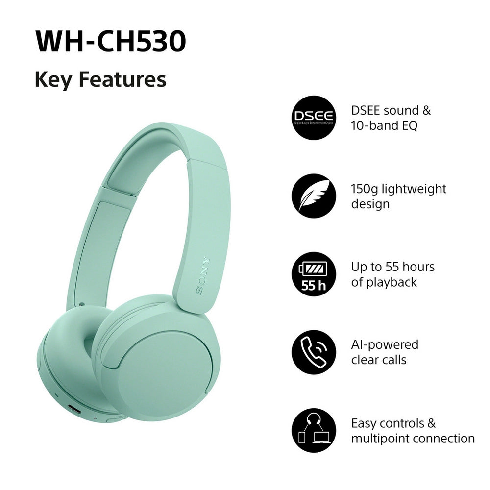 Sony WH-CH530 Wireless On-Ear Bluetooth Headphones Mint Green