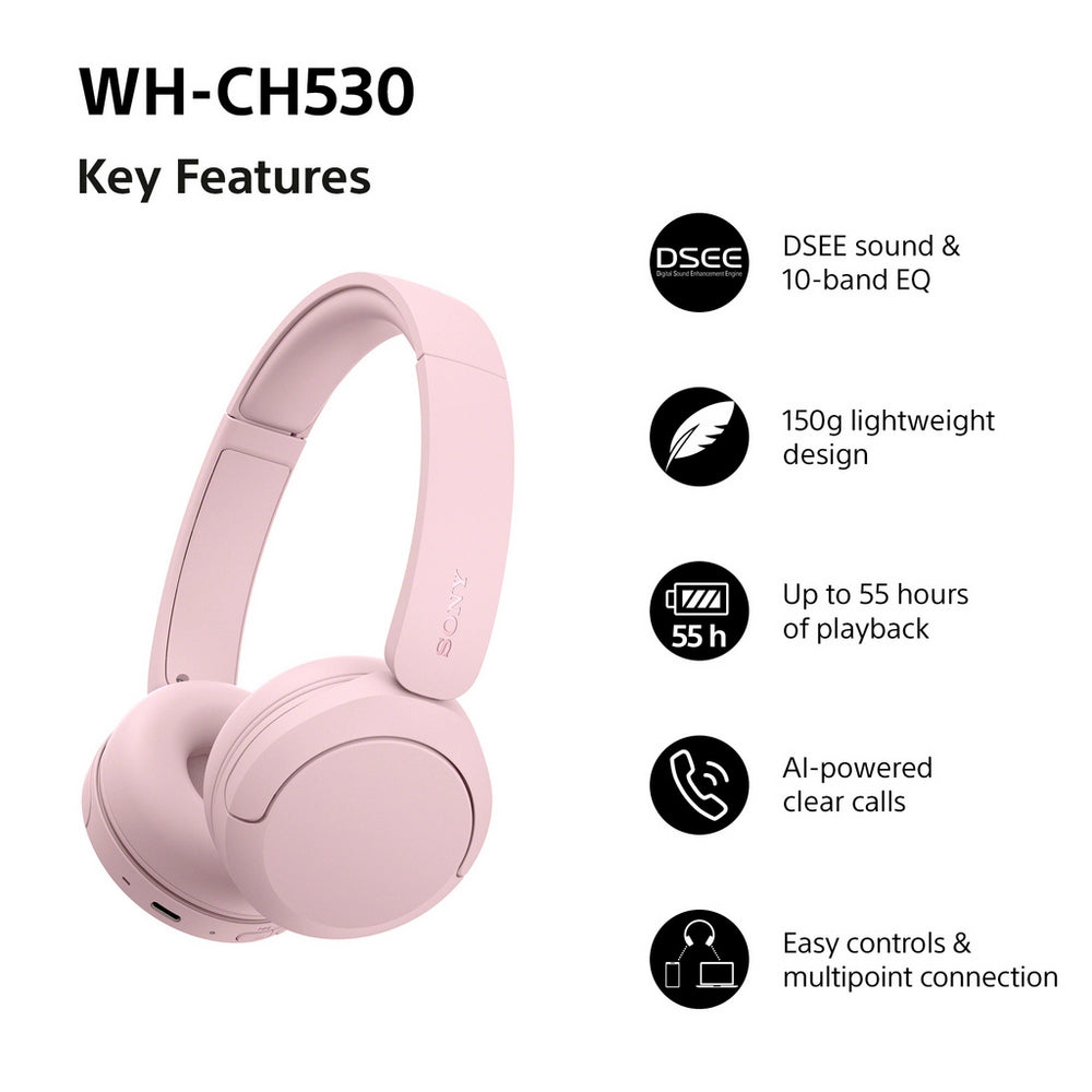 Sony WH-CH530 Wireless On-Ear Bluetooth Headphones Pink