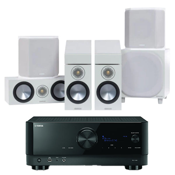 Yamaha RXV6A AV Receiver with Monitor Audio Bronze 50 AV 5.1.2 Atmos Speaker Package White
