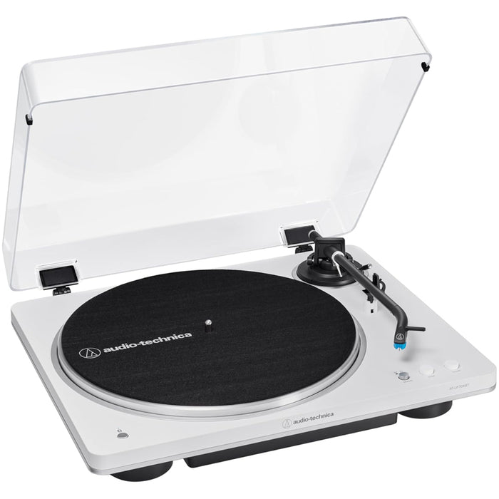 Audio Technica AT-LP70XBT Fully Automatic Bluetooth Wireless Turntable White with Kanto ORA 100W Powered Reference Speakers Pink HiFi Package