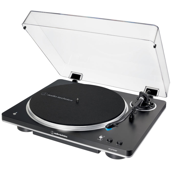 Audio Technica AT-LP70XBT Fully Automatic Bluetooth Wireless Turntable with Kanto ORA4 140W Powered Reference Speakers HiFi Package Black