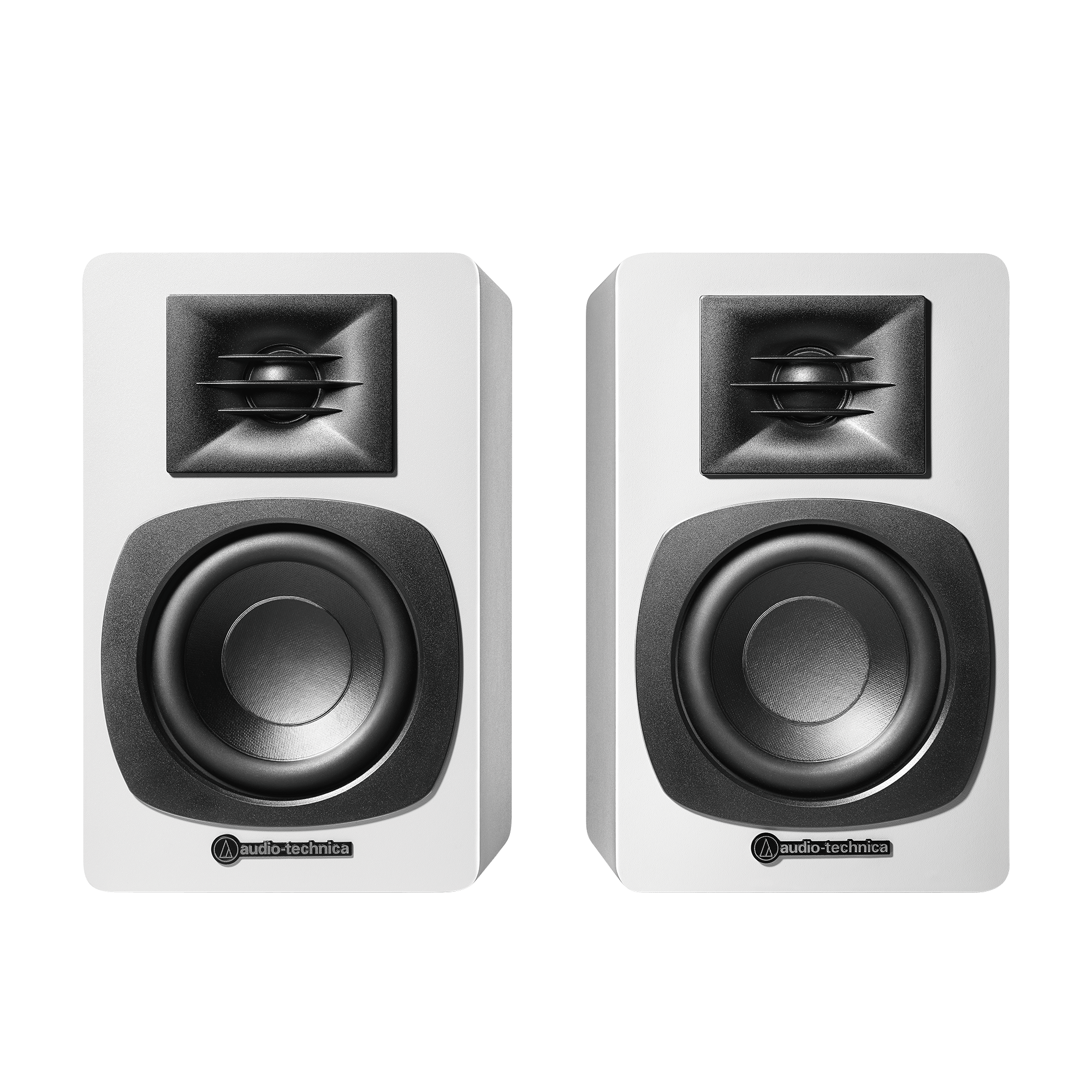 Audio Technica AT-SP3X Powered Bluetooth Bookshelf Speakers White with AT-ST3 Stands Pair White