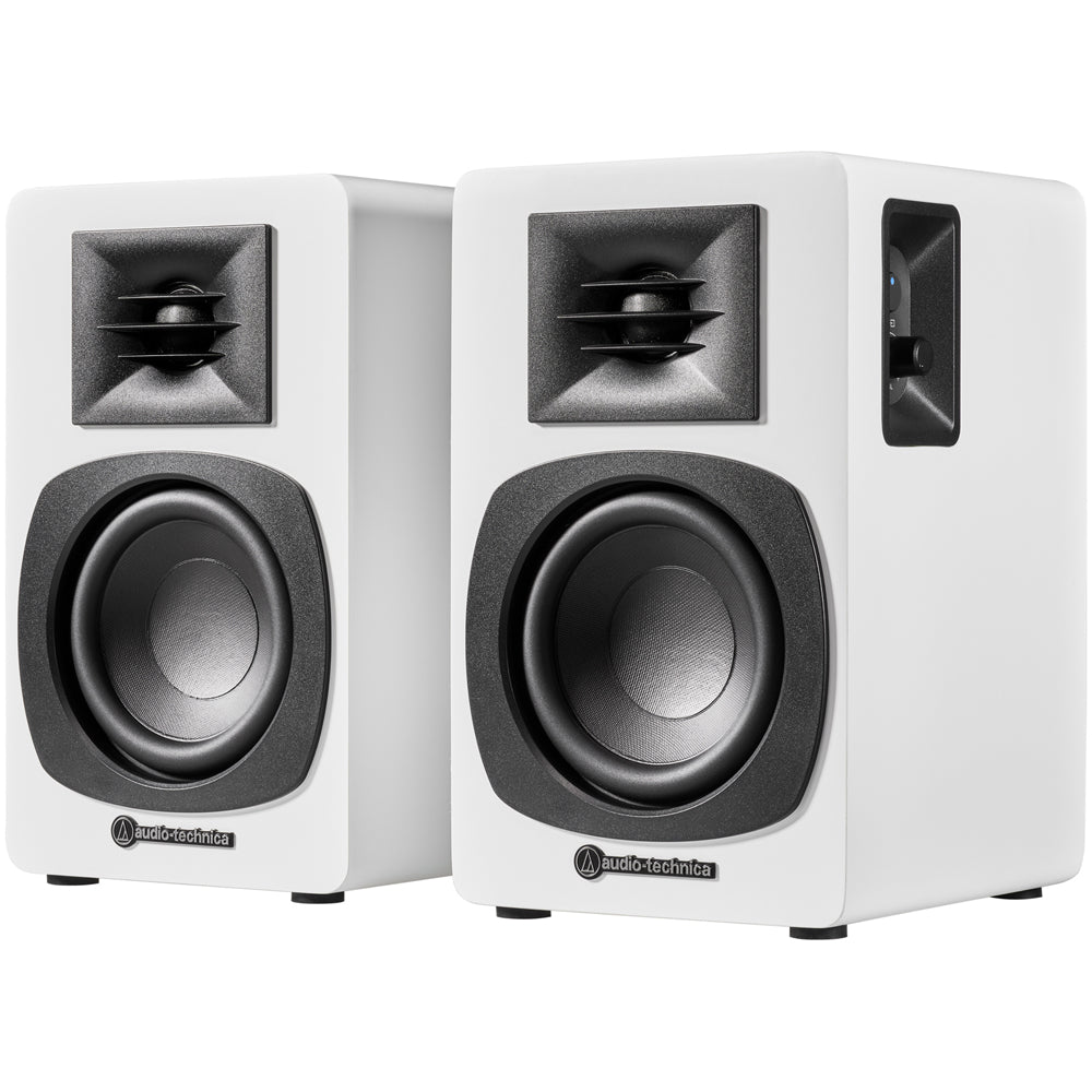 Audio Technica AT-SP3X Powered Bluetooth Bookshelf Speakers White with AT-ST3 Stands Pair White