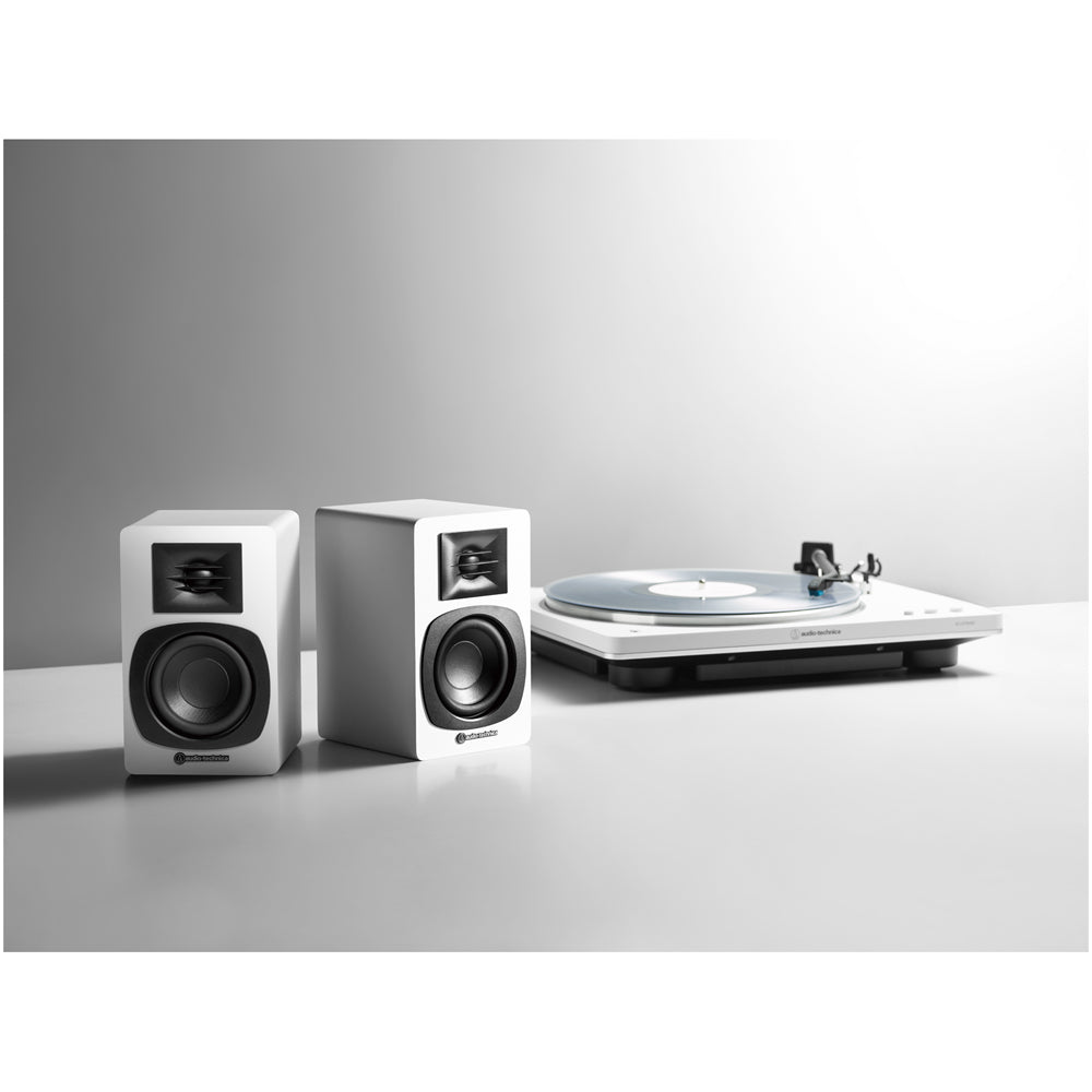 Audio Technica AT-SP3X Powered Bluetooth Bookshelf Speakers White with AT-ST3 Stands Pair White