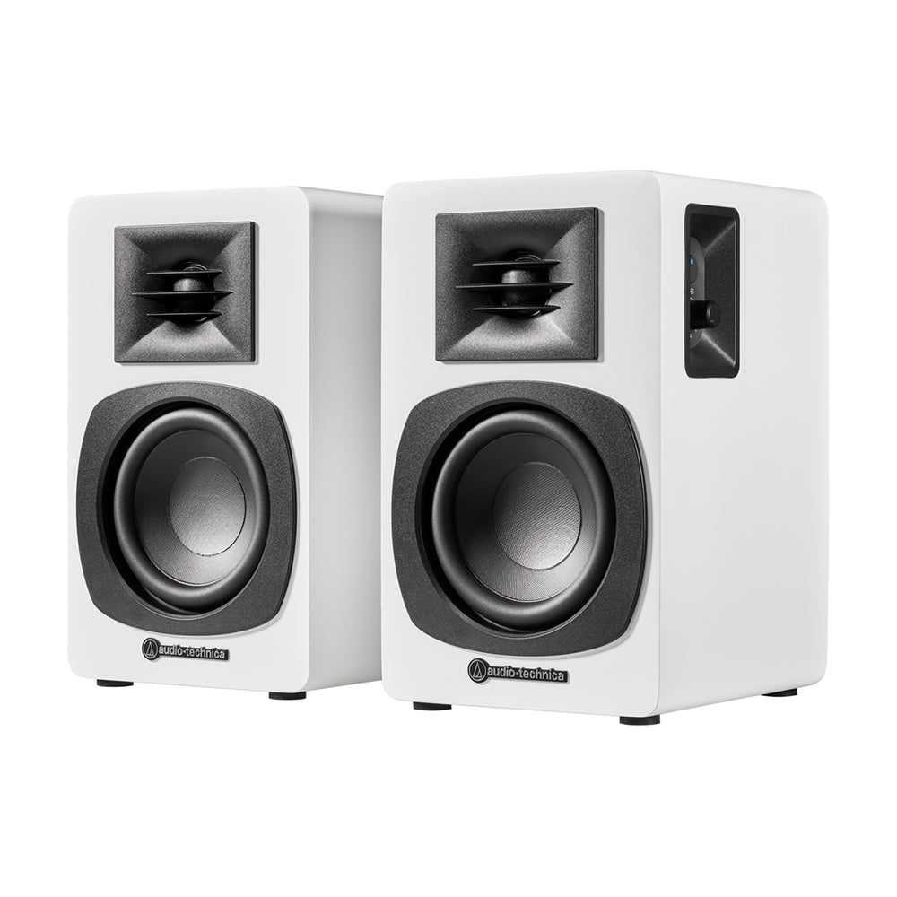 Audio Technica AT-SP3X Powered Bluetooth Bookshelf Speakers White with AT-ST3 Stands Pair White