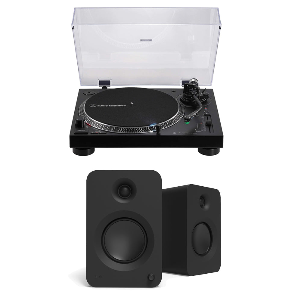 Audio Technica ATLP120xBTUSB Direct Drive Turntable with Kanto REN 200W Powered Bookshelf Speakers Pair Black