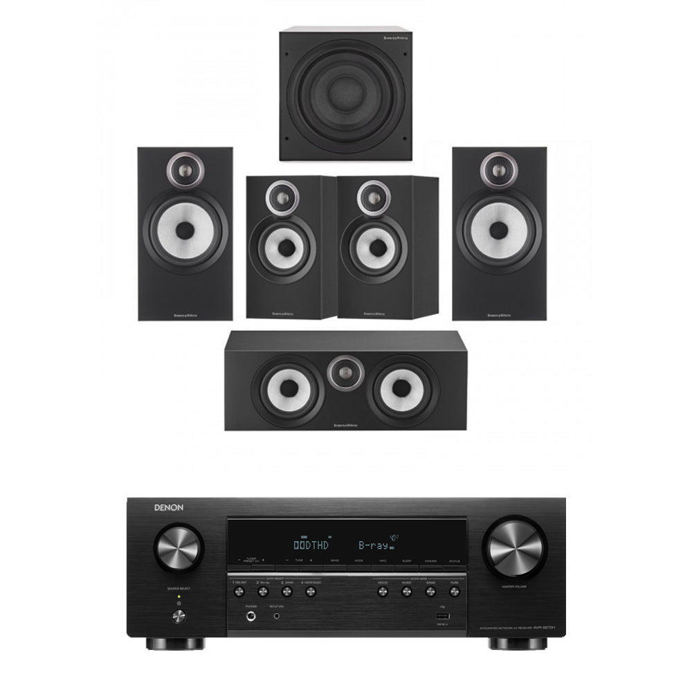 Denon AVRS670H 5.2 Ch 8K AV Receiver with Bowers and Wilkins 606 and 607 S3 5.1 Surround Sound Speaker Package Black Black