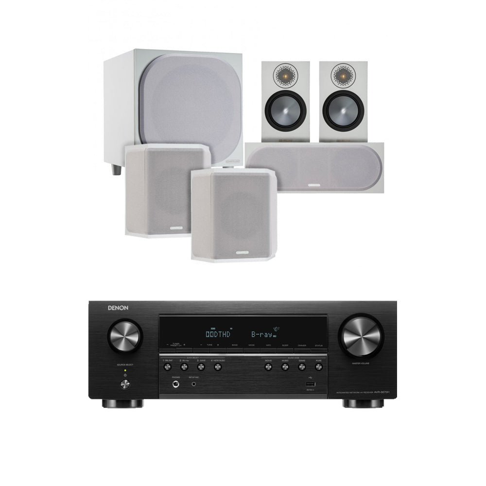 Denon AVRS670H 5.2 Ch 8K AV Receiver with Monitor Audio Bronze 50 AV 5.1 Speaker Package White White