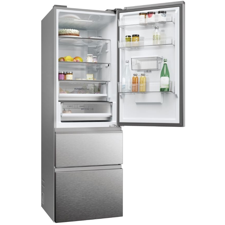 Haier 3D 60 Series 5 HTW5618EWMG Wifi Connected Total No Frost Freestanding Fridge Freezer - Stainless Steel - E Rated Silver