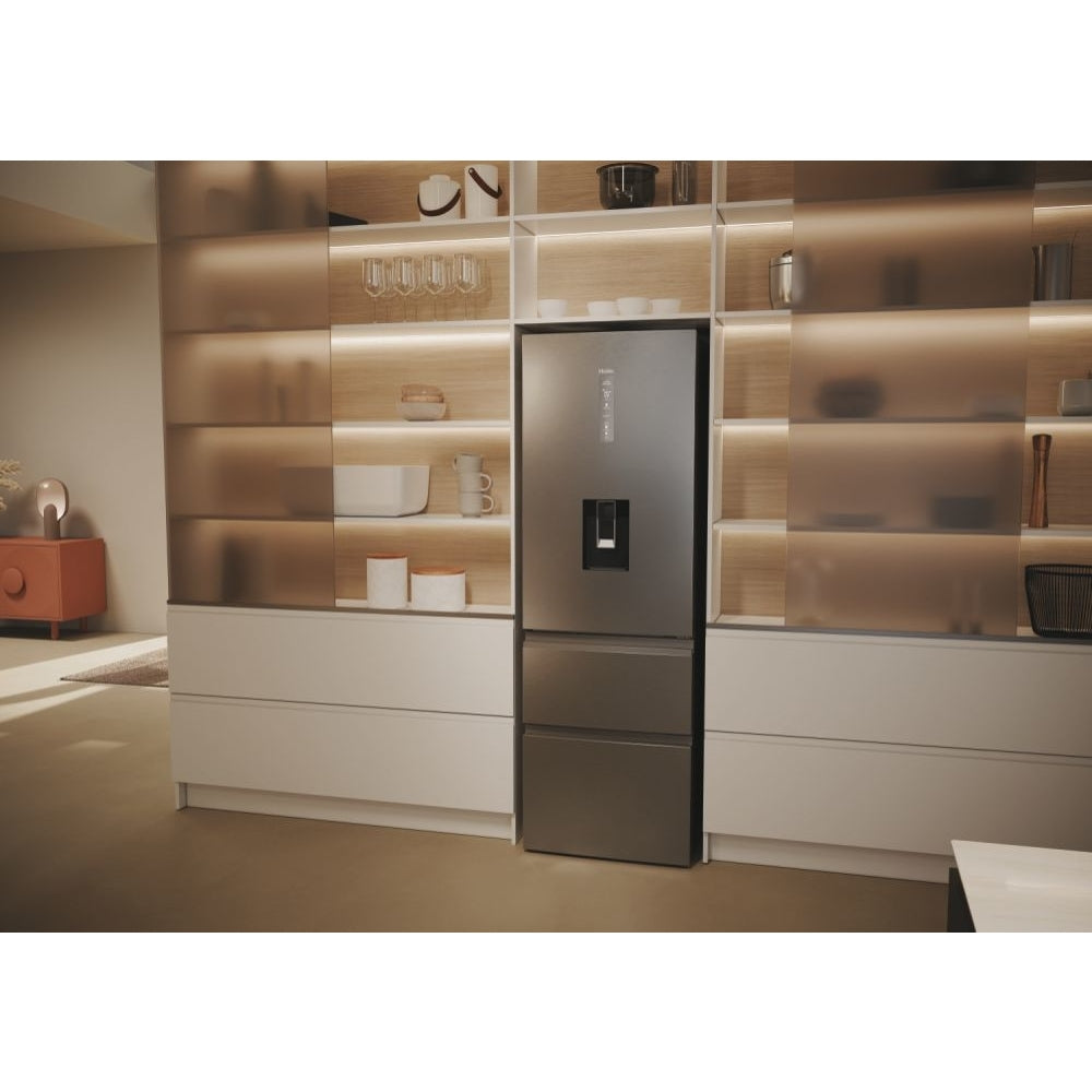 Haier 3D 60 Series 5 HTW5618EWMG Wifi Connected Total No Frost Freestanding Fridge Freezer - Stainless Steel - E Rated Silver