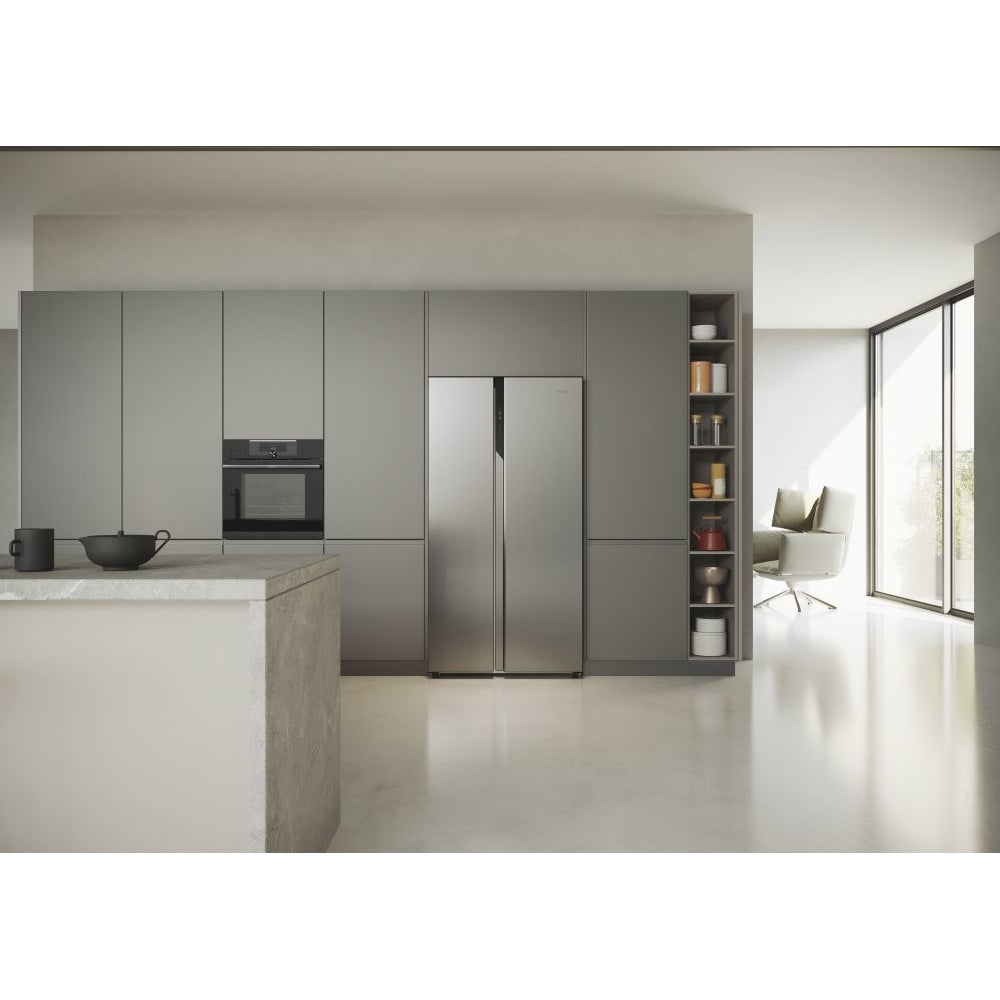 Haier HSR5918DNMP Frost Free Non-Plumbed American Fridge Freezer - Platinum Inox