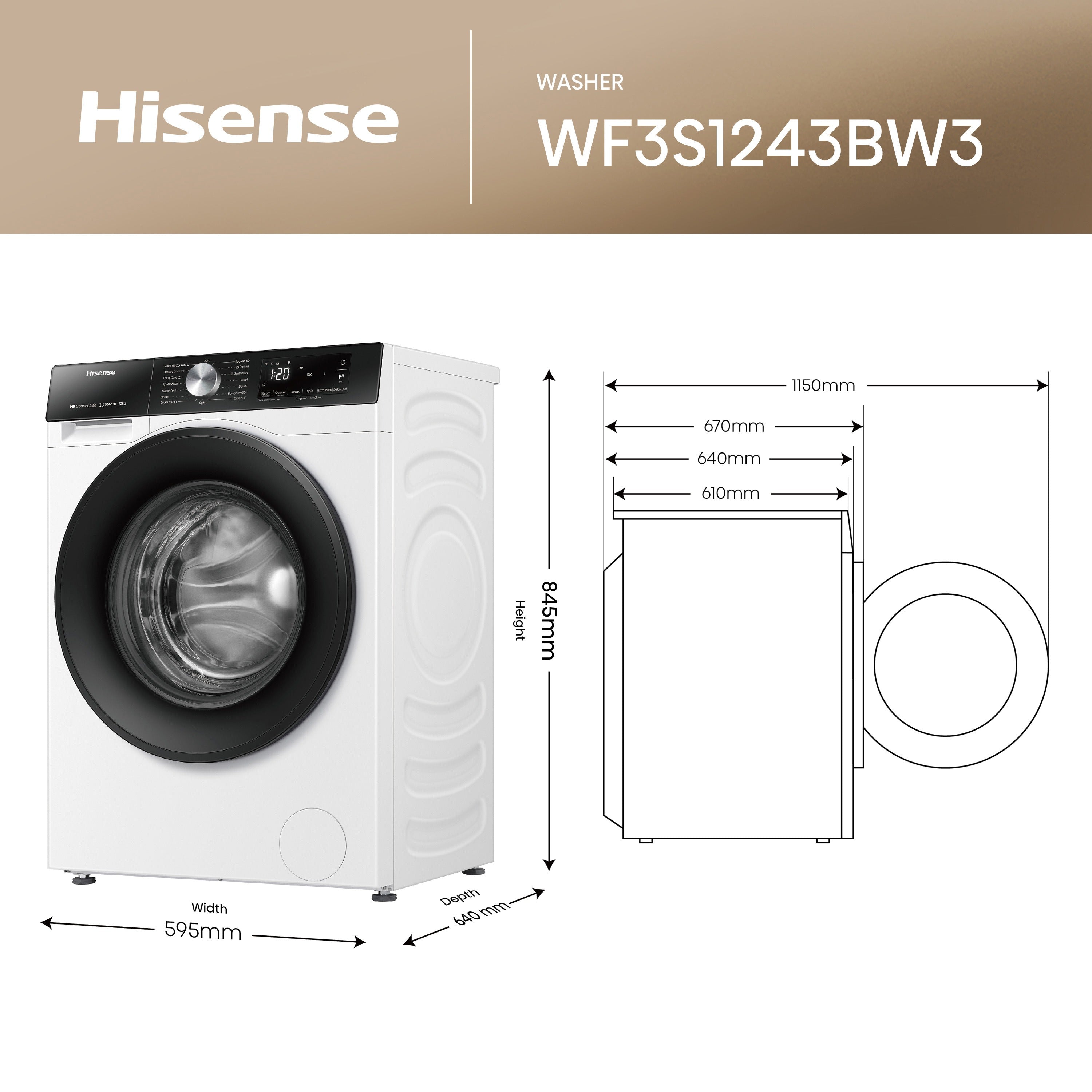 Hisense 3S Series WF3S1243BW3 WiFi-enabled 12kg 1400 Spin Washing Machine White - A Rated