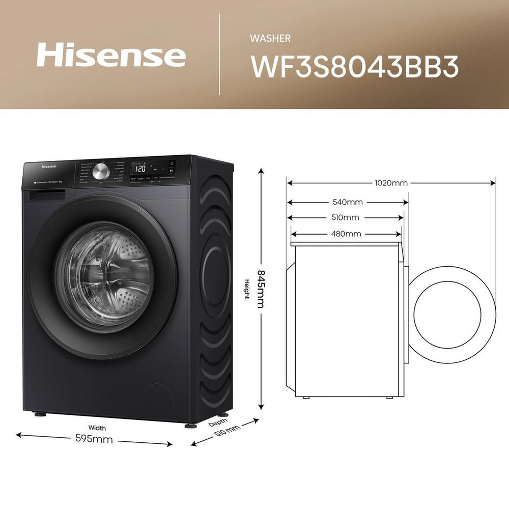 Hisense 3S Series WF3S8043BB3 WiFi-enabled 8kg 1400 Spin Washing Machine Black - A Rated Black