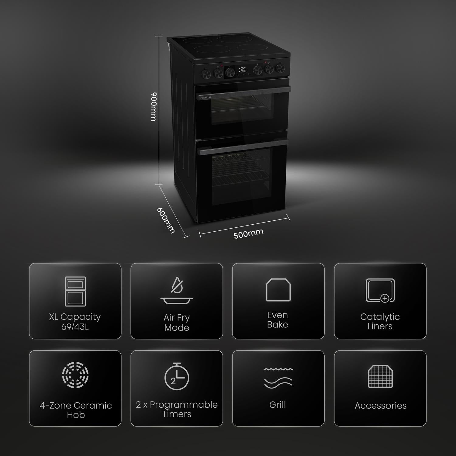 Hisense HDCEC5C10B 50cm Double Oven Electric Cooker with Ceramic Hob Black - A Rated
