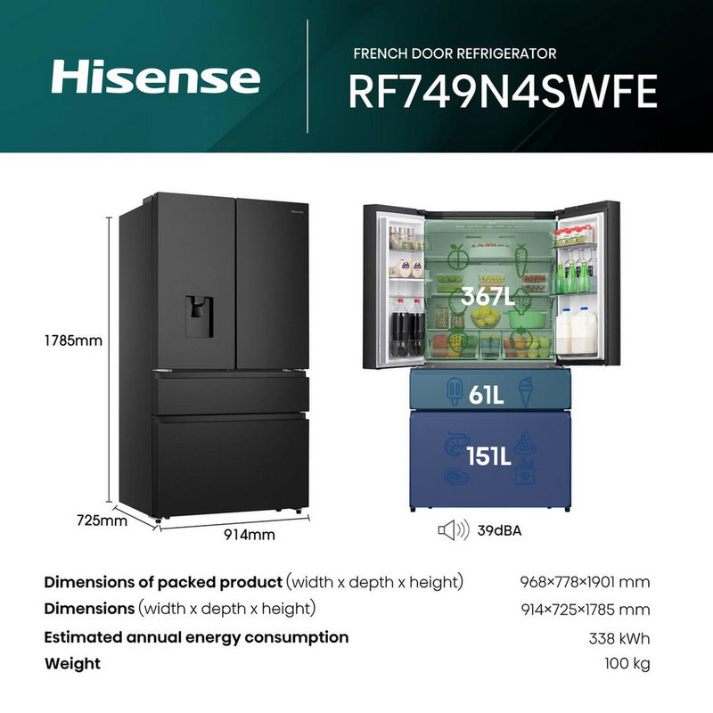 Hisense RF749N4SWFE PureFlat Non-Plumbed Total No Frost American Fridge Freezer - Black Stainless Steel Black