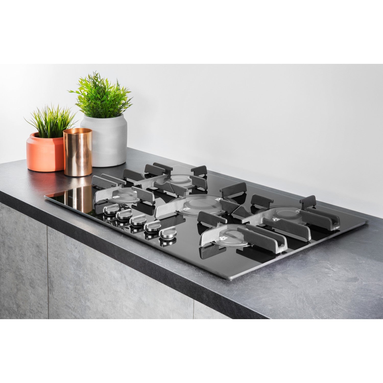 Hotpoint FTGHG751DHBK 75cm 5 Burner Gas on Glass Hob with Vertical Flame Black