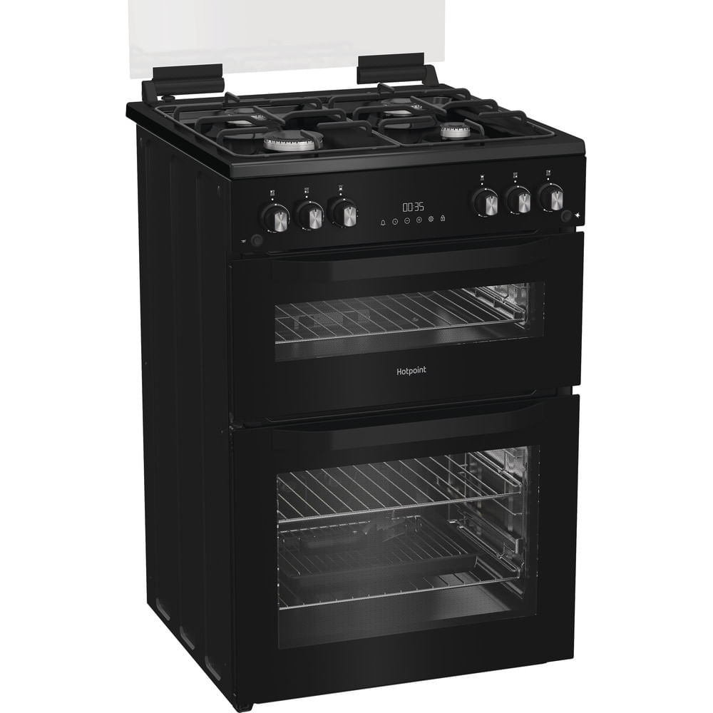 Hotpoint HTG6GDCB1 60cm Gas Twin Cooker with Glass Lid Black