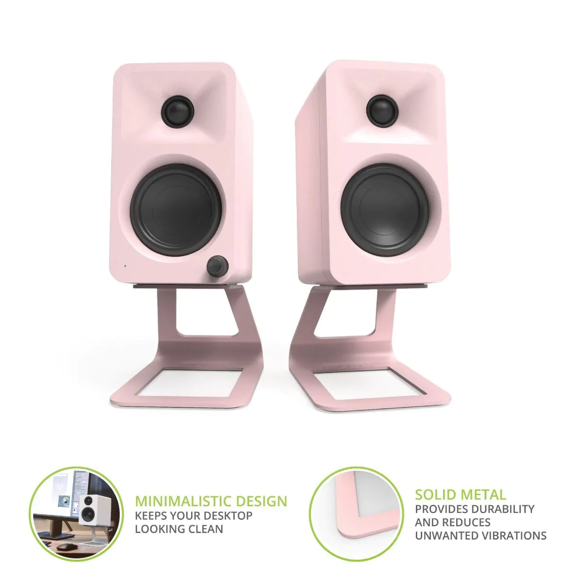 Kanto ORA 100W Powered Reference Desktop Speakers with Bluetooth & SE2 Speaker Stands Package Pink Pink