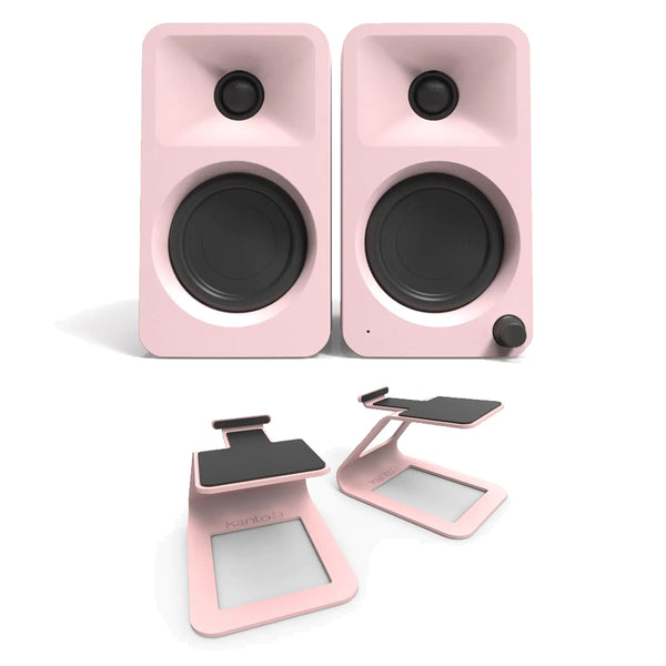 Kanto ORA 100W Powered Reference Desktop Speakers with Bluetooth & SE2 Speaker Stands Package Pink Pink
