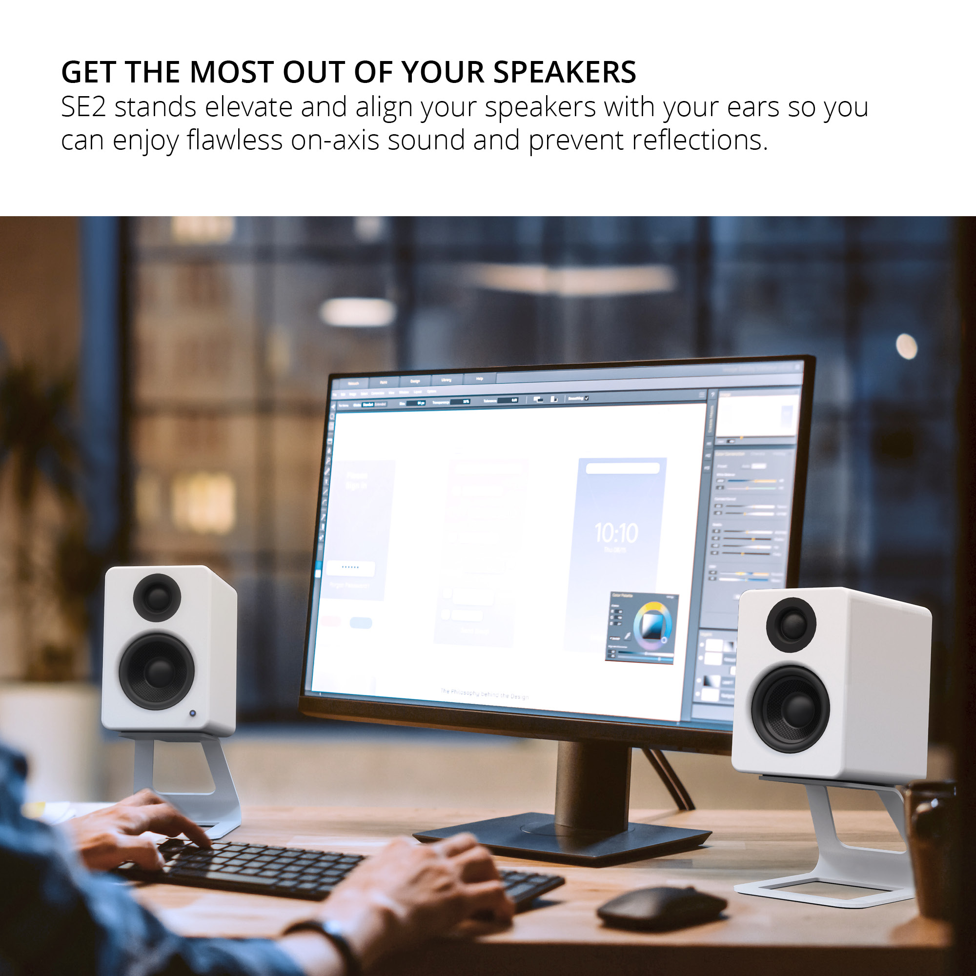 Kanto ORA 100W Powered Reference Desktop Speakers with Bluetooth & SE2 Speaker Stands Package White White