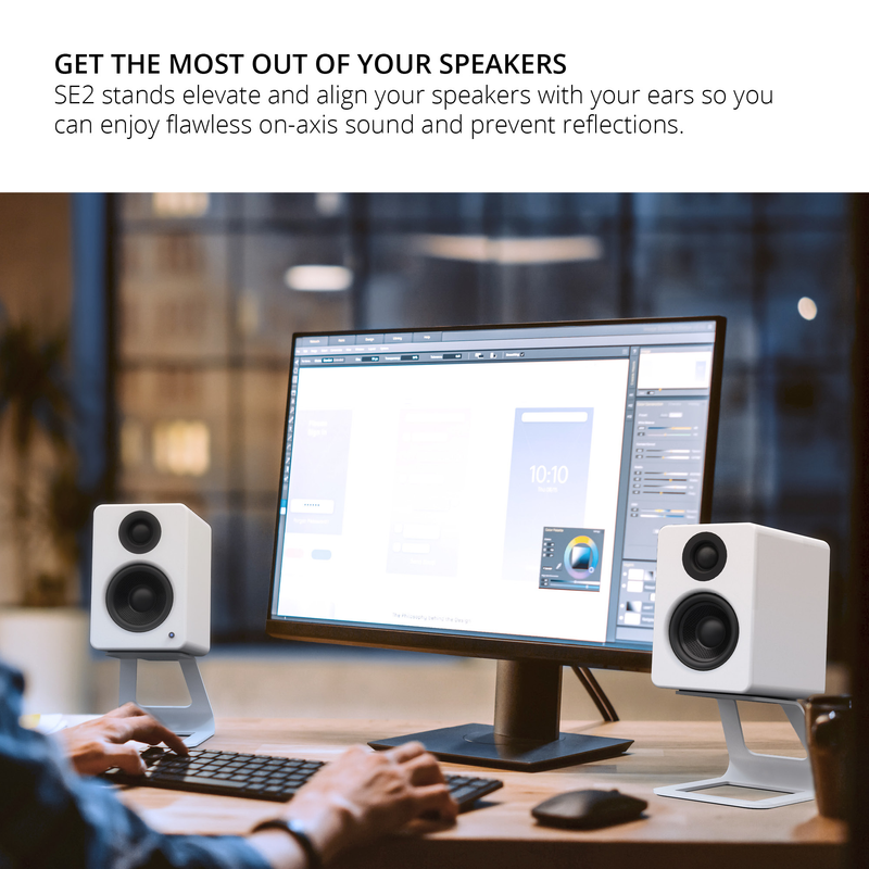 Kanto ORA 100W Powered Reference Desktop Speakers with Bluetooth & SE2 Speaker Stands Package White White
