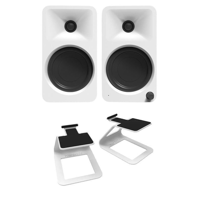 Kanto ORA 100W Powered Reference Desktop Speakers with Bluetooth & SE2 Speaker Stands Package White White