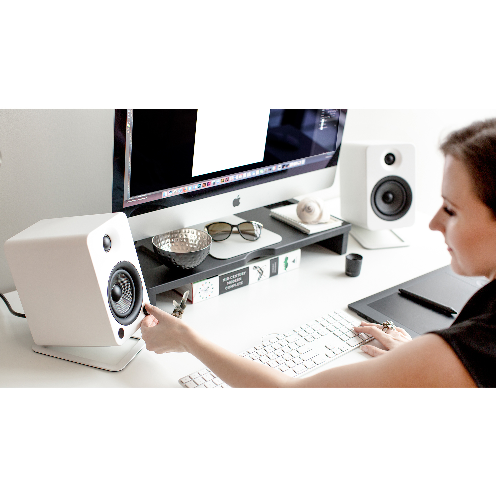 Kanto ORA4 140W Powered Reference Desktop Speakers with Bluetooth & S4 Tilted Speaker Stands White White