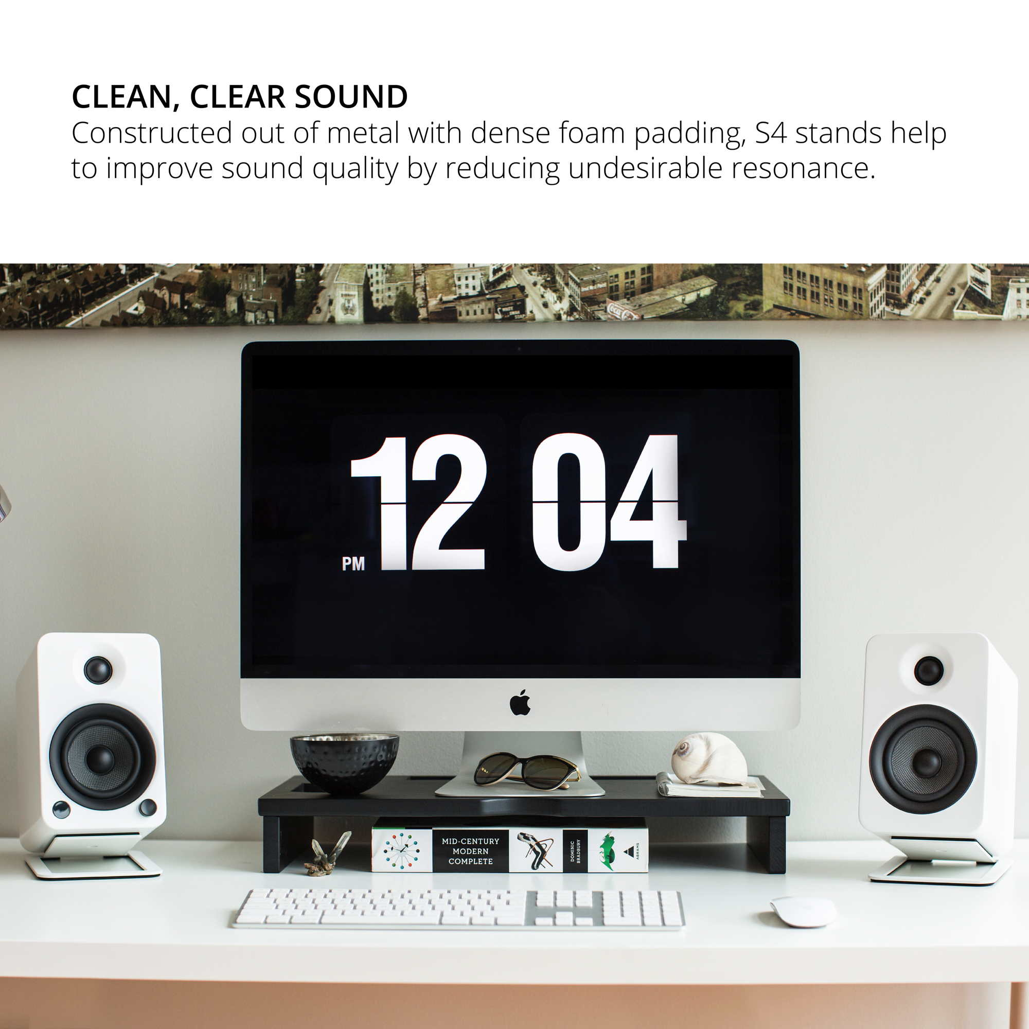Kanto ORA4 140W Powered Reference Desktop Speakers with Bluetooth & S4 Tilted Speaker Stands White White