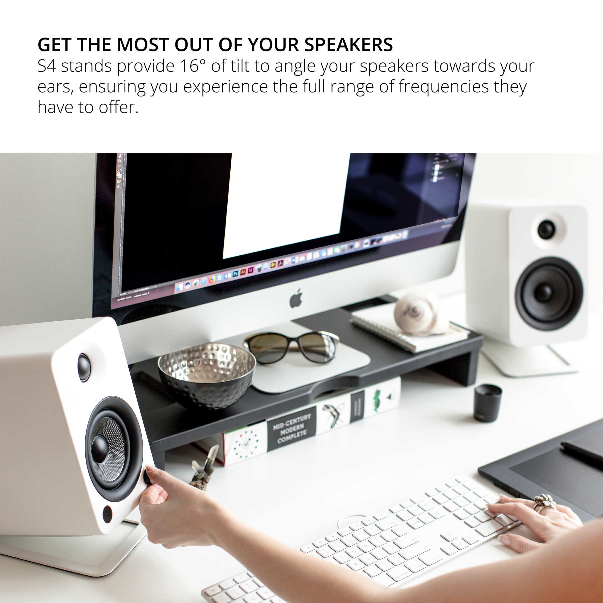 Kanto ORA4 140W Powered Reference Desktop Speakers with Bluetooth & S4 Tilted Speaker Stands White White