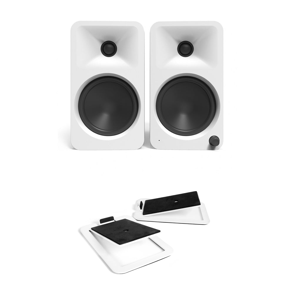 Kanto ORA4 140W Powered Reference Desktop Speakers with Bluetooth & S4 Tilted Speaker Stands White White