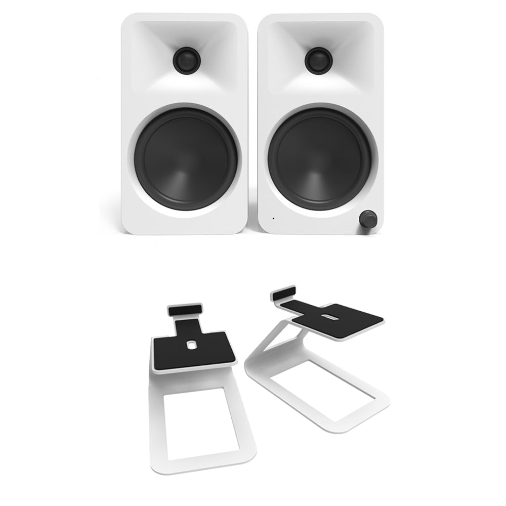 Kanto ORA4 140W Powered Reference Desktop Speakers with Bluetooth & SE4 Elevated Speaker Stands White White