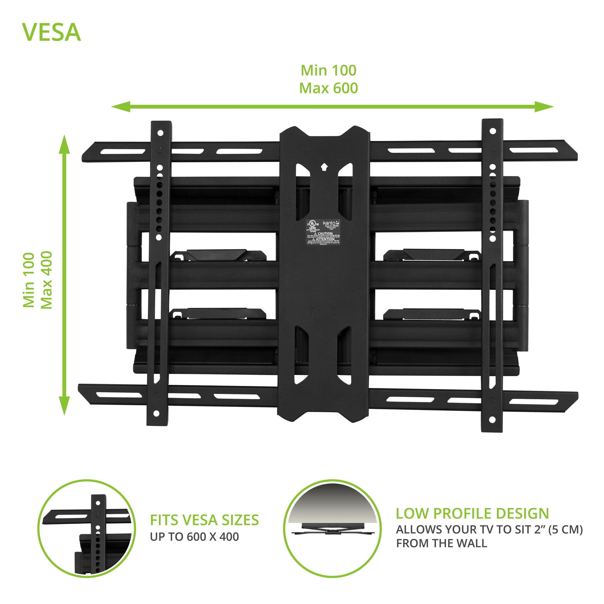 Kanto PDX650 Full Motion TV Wall Mount for 37 to 75 inch TVs Black