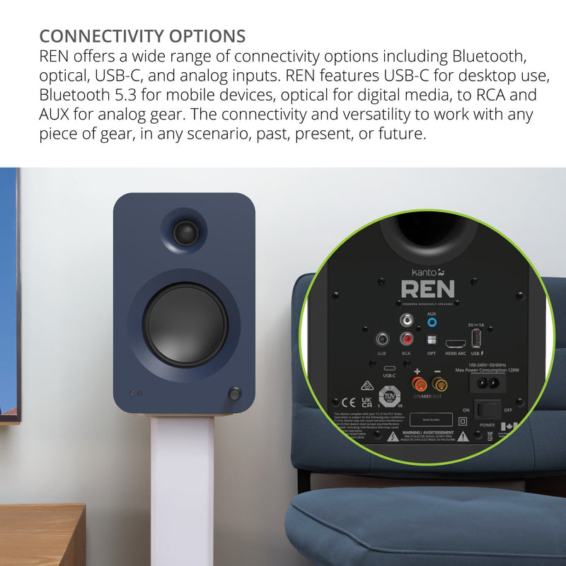 Kanto REN 200W Powered Bookshelf Speakers Pair with HDMI ARC USB-C and Bluetooth 5.3 - Matte Black Black