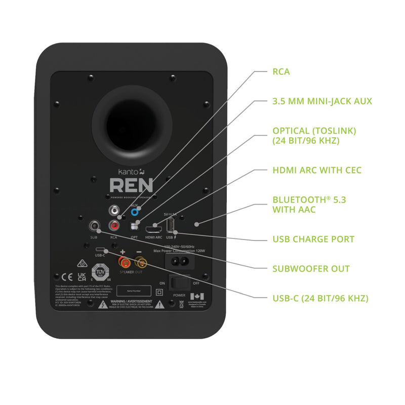 Kanto REN 200W Powered Bookshelf Speakers Pair with HDMI ARC USB-C and Bluetooth 5.3 - Matte Black Black
