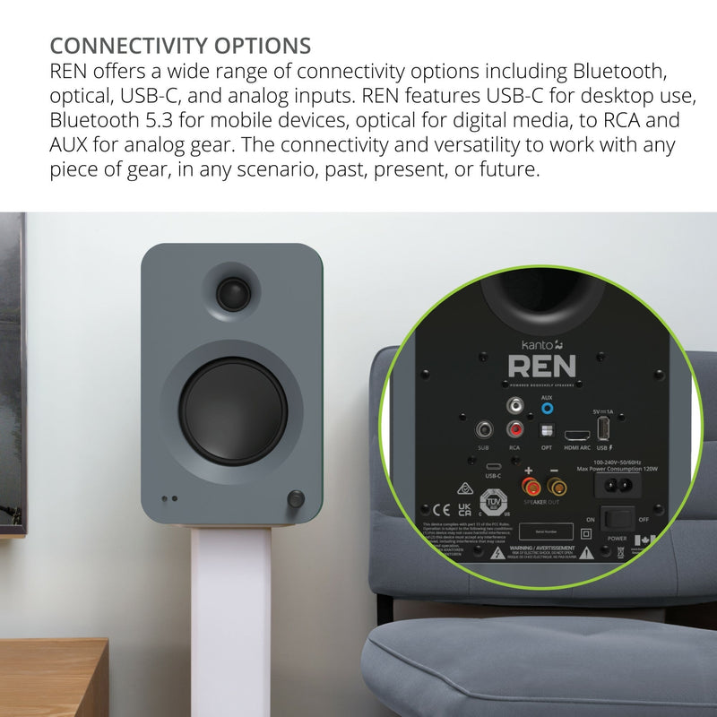 Kanto REN 200W Powered Bookshelf Speakers Pair with HDMI ARC USB-C and Bluetooth 5.3 - Matte Grey Grey