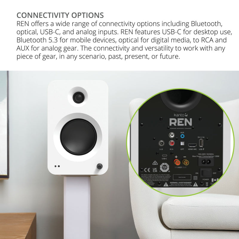 Kanto REN 200W Powered Bookshelf Speakers Pair with HDMI ARC USB-C and Bluetooth 5.3 - Matte White White