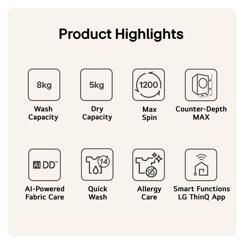 LG Series 3 AI Direct Drive W2X5085TLB 8+5kg 1200 Spin WiFi Connected Washer Dryer - White