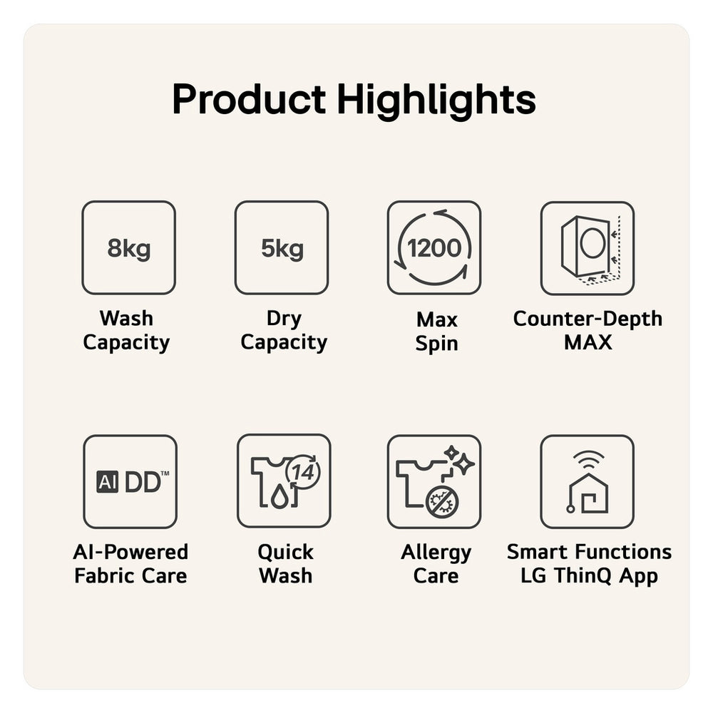 LG Series 3 AI Direct Drive W2X5085TLB 8+5kg 1200 Spin WiFi Connected Washer Dryer - White