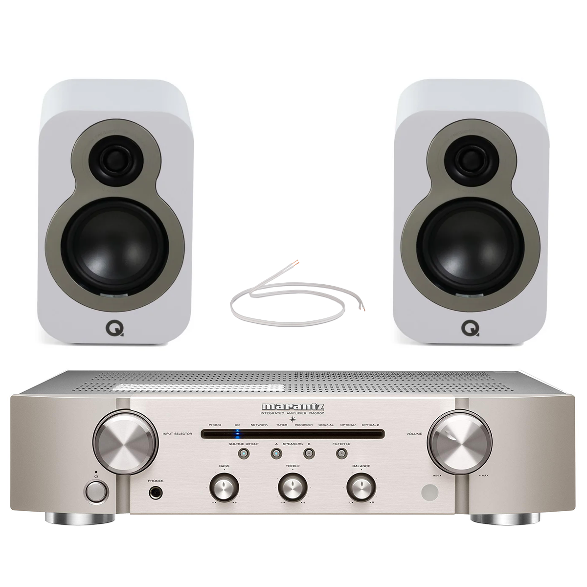 Marantz PM6007SG Integrated Amplifer Silver With Q Acoustic Q3010c Bookshelf Speakers Satin White Pair HiFi Package