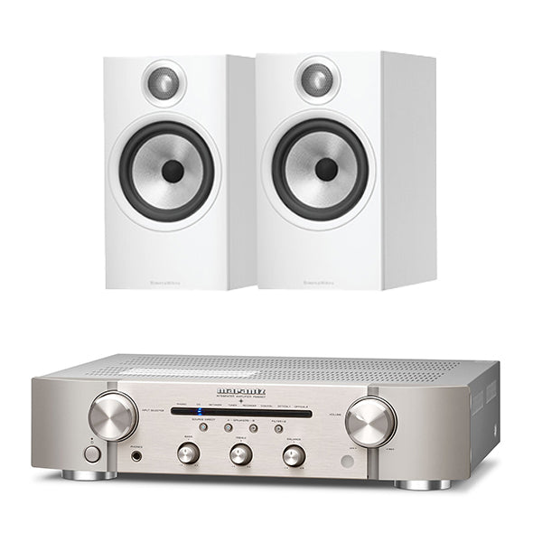 Marantz PM6007 Integrated Amplifier Silver Gold With Bowers & Wilkins 606 S2 Speakers White