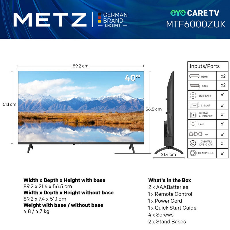 Metz 40MTF6000ZUK 40 Inch 2K DLED HD Smart TV with Freely 2025 40 Inch
