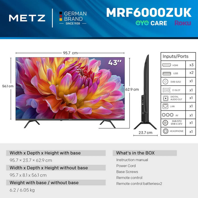 Metz 43MRF6000ZUK 43 Inch MRF6000Z 4K Ultra HD HDR DLED Smart TV with Freely 2025