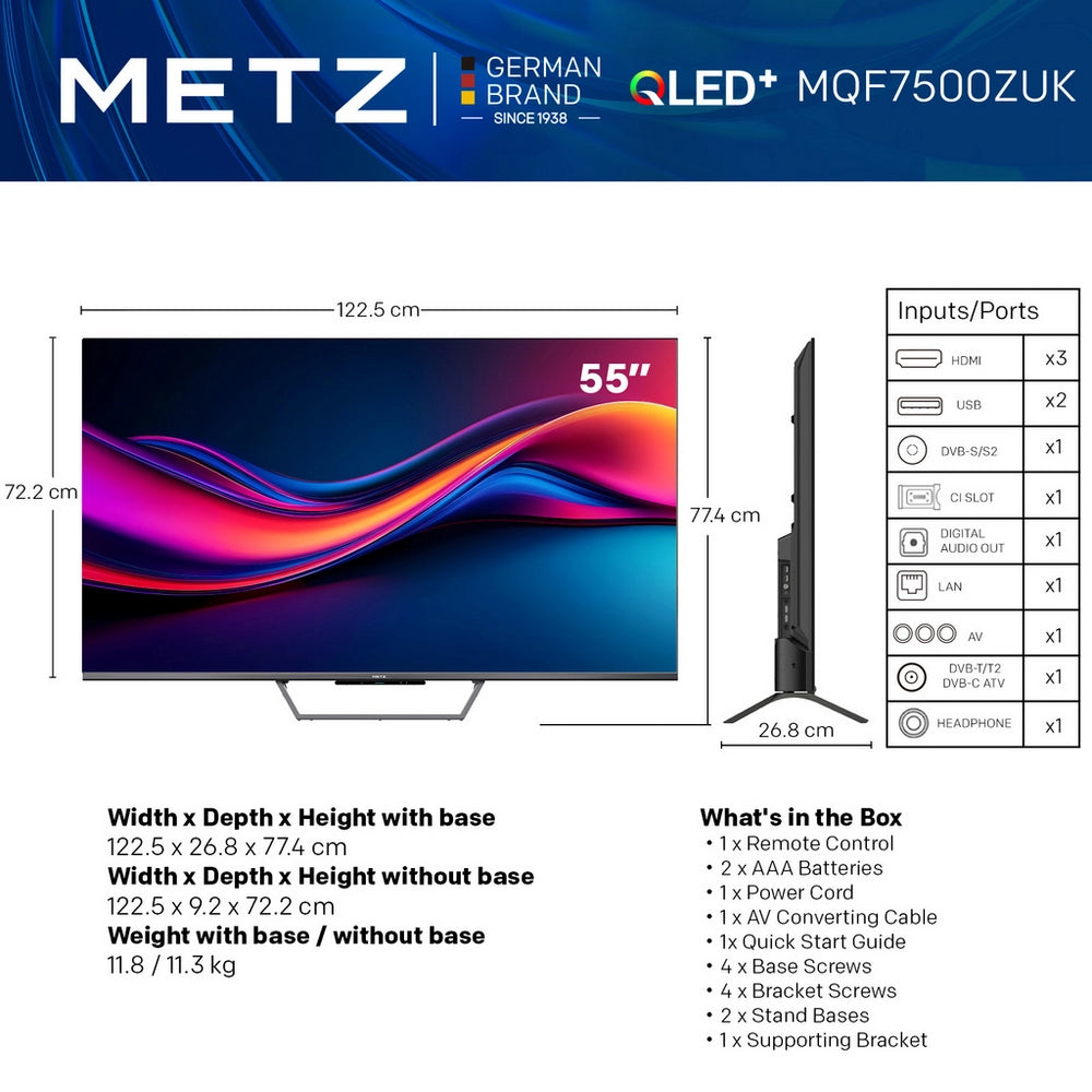 Metz 55MQF7500ZUK 55 Inch 4K UHD HDR QLED Smart TV with S60 Portable Bluetooth Soundbar Bundle 55 Inch