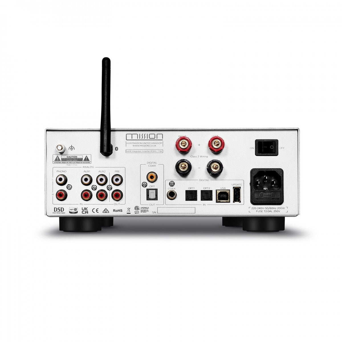 Mission 778X Integrated Amplifier Silver with Monitor Audio Bronze 50 7G Bookshelf Speakers White Pair HiFi Package Silver