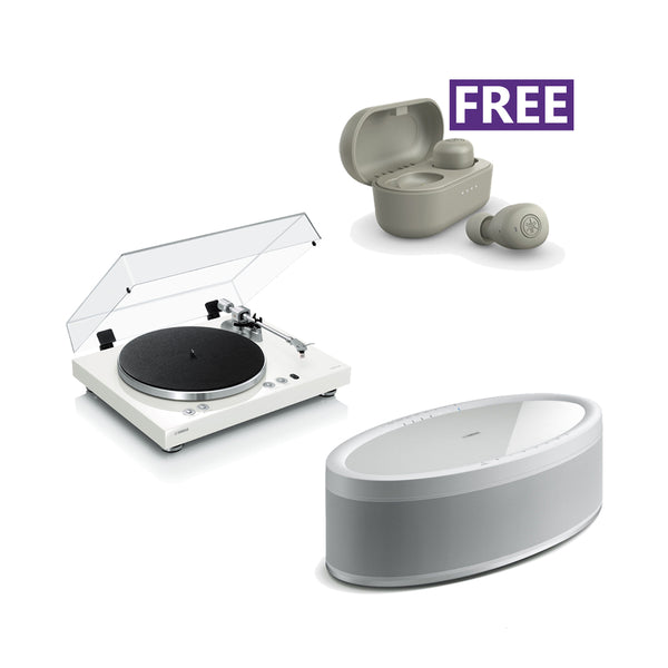 Yamaha MusicCast 50 Vinyl System White and Free True Wireless Earbuds
